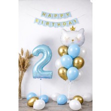 Patladı Gitti 2 Yaş Kedi Temalı Doğum Günü Balon Seti – Mavi Gold Konsept