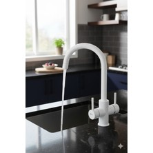 HDF Modern Mat Beyaz Arıtma Musluklu Mutfak Bataryası - Çift Kumandalı Evye Bataryası