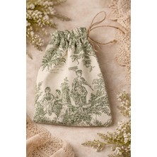 Buem Shop French Garden Mini Kese 15X21 cm | Yeşil Toile De Jouy Keten Jüt Ipli Büzgülü Hediye Kesesi
