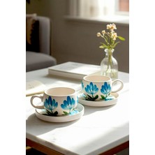 HOPCE Flora El Yapımı Gentian Çiçeği Desenli, 4 Parça 2 Kişilik Çay & Kahve Fincanı Takımı - 220 ml