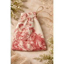 Buem Shop French Village Mini Kese 15X21 cm | Kırmızı Toile De Jouy Keten Jüt Ipli Büzgülü Hediye Kesesi