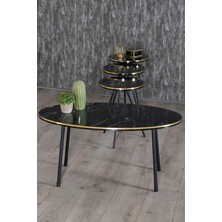 Sepetink Zigon Sehpa ve Orta Sehpa Elips Set Siyah Metal Ayak Çift Altın Bendir