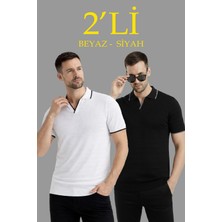 Velmora Fashion Erkek 2 Li Paket Triko Yakalı Düğmesiz Açık Yaka Fitilli Kısa Kollu Regular Fit Tişört - Beyaz & Siyah