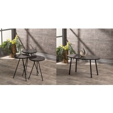 Sepetink Zigon Sehpa ve  Orta Sehpa Set  Metal  Elips Siyah Mermer Desen