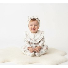 Bebeva Baby Kız Bebek %100 Pamuklu Fırfır Yakalı Doğal Çiçek Desenli Bandanalı Premium Tulum