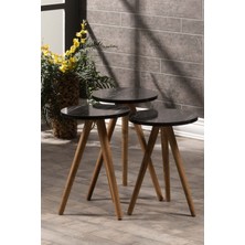 Sepetink Zigon Sehpa 3 Lü Ahşap Orjinal Torna Ayak Siyah Mermer Desen