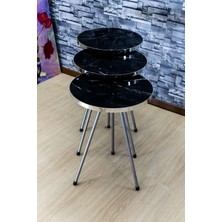 Sepetink Zigon Sehpa 3'lü Gümüş Metal Ayak Gümüş Siyah Bendir 1069