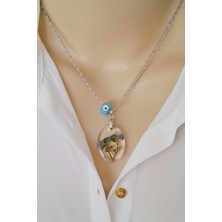 Gerçek Mavi Dal Çıtır Çiçekler Nazar Mavi Cam Boncuk Çelik Zincir Tasarım Kolye