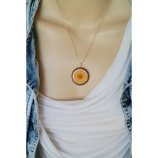 Kahverengi Ahşap Epoksi Gerçek Turuncu Papatya Gold Zincir Kolye