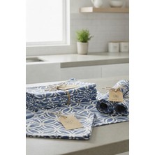 Rona Home 6'lı Amerikan Servis Seti Mavi Beyaz Geometrik Desenli Pamuklu Kumaş Yemek Masası Örtüsü