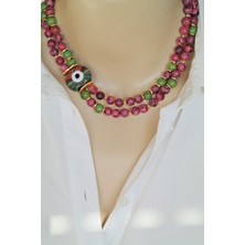 Bordo Yeşim Doğaltaş Yeşil Porselen Boncuk Ebruli Cam Nazar Boncuk Tasarım Kolye