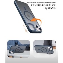 Klassegear iphone 15 Uyumlu Metal Lens Koruma Çerçevesi/standlı Güçlü Mıknatıslı Bağımsız Buton Hoparlör Koruma Mat Şeffaf Telefon Kılıfı (Mavi)