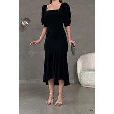 Ezraa Siyah Kare Yaka Kısa Prenses Kol Krep Kumas Uzun Elbise