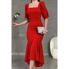 Ezraa Kırmızı Kare Yaka Kısa Prenses Kol Krep Kumas Uzun Elbise