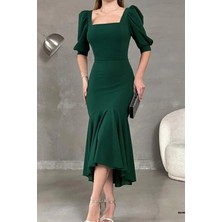 Ezraa Yeşil Kare Yaka Kısa Prenses Kol Krep Kumas Uzun Elbise