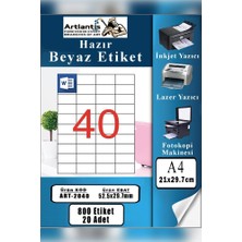 Artlantis A4 Hazır Etiket 52.5X29.7 mm 20 Sayfa 1 Paket 40 Lı Kendinden Yapışkanlı Fotokopi Lazer Inkjet Kağıdı Yazıcılar Için Uyumlu