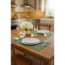 Rona Home Yeşil Çiçekli Petibör Formlu Leke Tutmaz Kumaş 6 Kişilik Servis Altlığı Seti