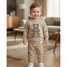 Asliva Fashion Erkek Bebek Bej Ekose Detaylı Ayıcık Baskılı Alt Üst Eşofman Takımı
