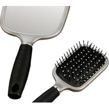 Gri Siyah Aynalı Saç Fırçası – Masaj Etkili, Saç Kırılmasını Önleyen, Ergonomik Saplı, 2’si 1 Arada Tarak ve Ayna