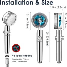Silver Turbo Pervaneli Duş Başlığı Yüksek Basınçlı Fıskiye Batarya Start Stop Düğmeli Duş Hortumu 150 cm ve Mafsal Set Duş Başlığı Seti
