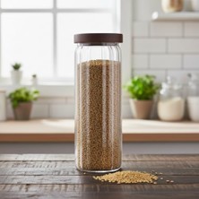 Akasya Kapaklı Uzun Çizgili Cam Kavanoz (1250 Ml) | Hava Geçirmez, Modern Fitilli Tasarım Gıda Saklama Kabı | Makarna, Bakliyat, Kahve ve Çay Kavanozu (9X25 Cm)