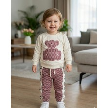 Asliva Fashion Kız Bebek Krem Gül Kurusu Ayıcıklı Desenli Yan Şeritli 2'li Eşofman Takımı
