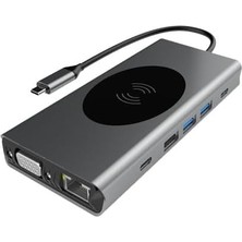 Hb-08 15 In 1 Wireless Şarj HDMI USB Wga Cat 5 Streo Type C Hafıza Kart Okuyucuları Full Version Combo Hub - Yapamayacağınız Iş Yok!!!!