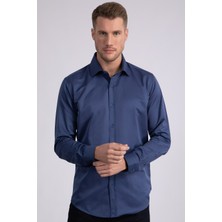 Tudors Erkek Modern Slim Fit Düz Saten Pamuklu Lacivert Gömlek