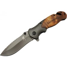Marsilyan Browning X50 Kahverengi Kurtarma / Kamp Çakısı 20,5cm- Yarı Otomatik, Kemerlikli, Ahşap Sap, Cam Kırma ve Ip Kesme Aparatlı