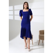 Ezraa Kare Yaka Kısa Prenses Kol Krep Kumas Uzun Elbise