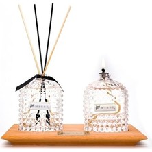 Missi Masif Ahşap Tepsili Oval Kristal Şişe Vanilya Oda Kokusu ve Vanilya Kokulu Kandil Seti