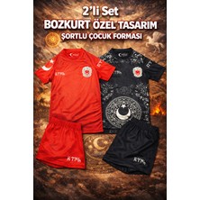 Rodak Spor 2'li Set Türkiye Bozkurt Desenli Şortlu Çocuk Forması Kırmızı-Siyah