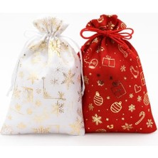 2’li Set 17X23 cm Yılbaşı Hediye Kesesi – Kırmızı & Beyaz Altın Yaldızlı Temalı Kumaş Çanta | Yılbaşı Hediye Paketi Kesesi