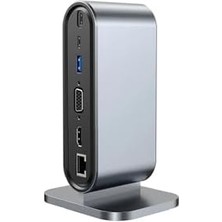 12 In 1 Portlu USB Çoklayıcı Istasyonu, VGA ve HDMI 4K Destekli, Dikey Stand, Gri