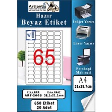 Artlantis A4 Hazır Etiket 38.1X21.2 mm 20 Sayfa 1 Paket 65 Li Kendinden Yapışkanlı Fotokopi Lazer Inkjet Kağıdı Yazıcılar Için Uyumlu