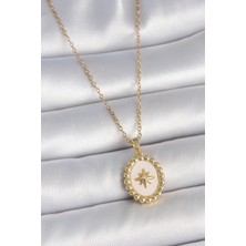 Nacario Bfs 316L Çelik Gold Renk Zincir Beyaz Mineli Kutup Yıldız Işlemeli Madalyon Model Kadın Kolye