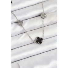 Nacario Bfs 316L Çelik Zincir Gümüş Renk Siyah ve Zirkon Taşlı Yonca Kadın Kolye