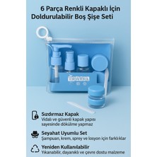 Sanal Trend 6 Parça Mavi Renk Seyahat Seti Şeffaf Çantalı Kozmetik Şişe Seti- Boş Seyahat Şampuan Şişesi Seti