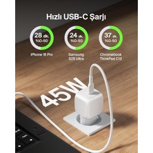 Kompakt Duvar Şarj Cihazı 45 W, 16, 16 Plus, 16 Pro, 16 Pro Max, 15 Serisi, Galaxy S25, Ipad, Airpods ve Daha Fazlası Için Usb-C Güç Iletimli Hızlı Şarj, Beyaz