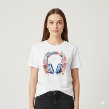 Texrium Çiçekli Kulaklık Baskılı %100 Pamuklu Kadın T-Shirt