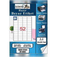 Artlantis A4 Hazır Etiket 46.4X21.2 mm 20 Sayfa 1 Paket 52 Li Kendinden Yapışkanlı Fotokopi Lazer Inkjet Kağıdı Yazıcılar Için Uyumlu