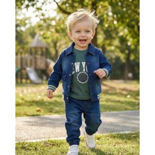 Asliva Fashion Erkek Bebek 3'lü Takım - Kot Ceket, New York Baskılı Tişört ve Jogger Pantolon Set