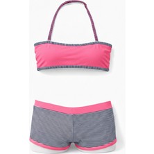 Hazelin Kız Çocuk Açık Pembe Çizgili Şortlu 4-12 Yaş Straplez Bikini Takım HZL24S-LC9034