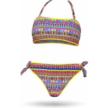 Hazelin Kız Çocuk Mavi Neon Sarı Çok Renkli Astarlı 4-12 Yaş Straplez Bikini Takım HZL24S-LC6355
