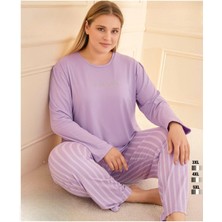 Bursa Pijama Kadın Uzun Kol Büyük Beden Bisiklet Yaka Çizgili Pijama Takımı