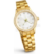 Kadın Gold Renk Metal Kordon Taşlı Kol Saati