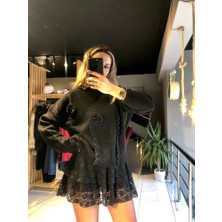 Gözde Tasarım Butik Kadın Siyah Renk Gül Çiçek Aplikeli Bisiklet Yakalı Triko Kazak