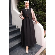 İmaj Butik Siyah Bel Lastikli Yelek Kombinli Elbise Takım
