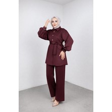 Weak Blue Şık Tesettür Tunik Pantolon Takım – Kuşaklı Düğmeli Uzun Kollu Ikili Takım