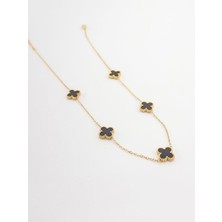 Kadın Çelik Kolye Siyah Beşli Yonca Figürlü Gold Renk 45 cm